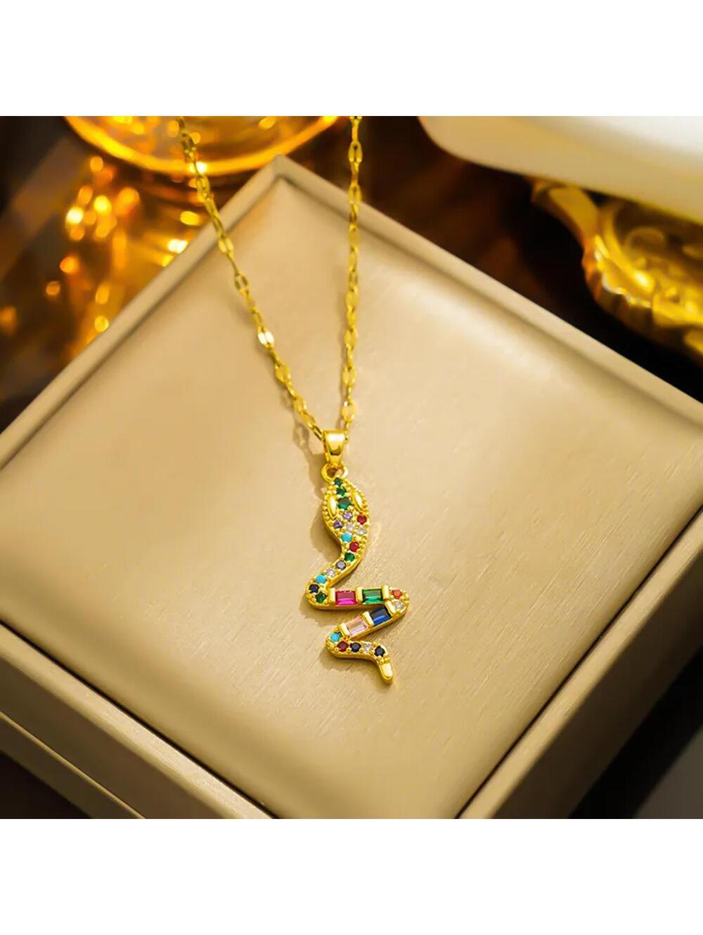Multicolored snake - Necklace - Gold - CZs - 18"
